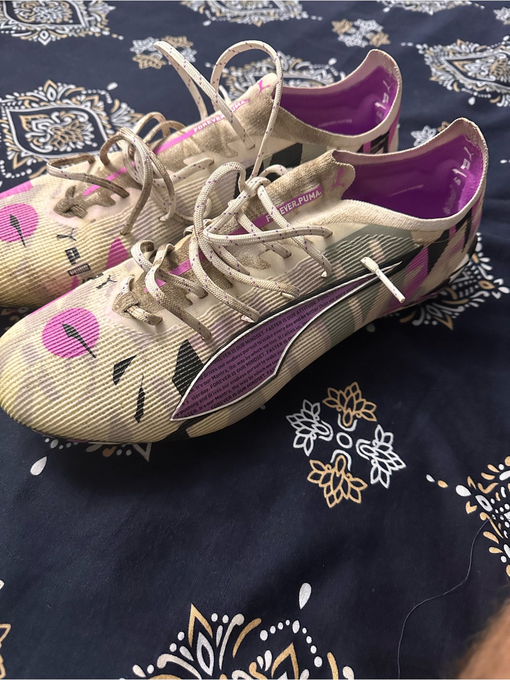 Puma Beige And Purple Soccer Cleats With Pink Accents